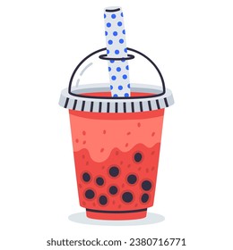 Cartoon bubble milk tea. Doodle tapioca pearls boba tea, hand drawn taiwan milk tea cup, soft drinks vector illustration on white background