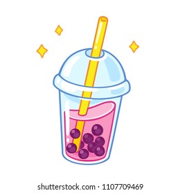 Cartoon bubble milk tea with tapioca pearls illustration. Cute hand drawn boba tea drink, bright and pretty vector clip art.