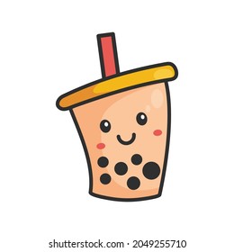 Cartoon bubble milk tea with tapioca pearls illustration.