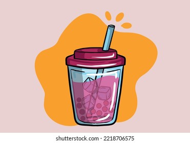 Cartoon bubble milk tea with tapioca pearls illustration. Cute hand drawn boba tea drink, bright and pretty vector clip art.