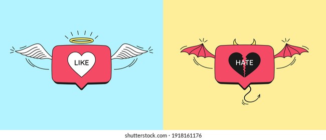 Cartoon bubble notifications with text Like and Hate for social media. Flying Angel bubble notice with nimbus and wings, flying Devil bubble notice with horns, tail and wings. Vector illustration