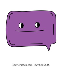 Cartoon bubble speech character with smile. Violet decorative funky vector button character isolated on white