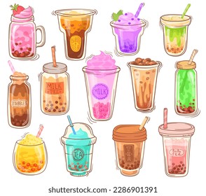 Cartoon bubble tea. Cool smoothie drinks in cups, boba milk shake asian beverages, smoothies dessert menu coffee mocha delicious hipster bubbles cocktail vector illustration of smoothie milk drink