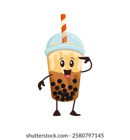 Cartoon bubble tea cup character, vector fast food mug kawaii personage. Disposable plastic container with tapioca pearls, dome lid and straw. Isolated takeaway pack for cold drinks and beverages