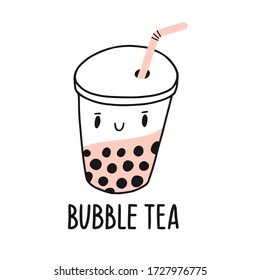 Cartoon bubble tea in glass with straw. Cute hand drawn vector outline illustration. Flat kawaii sweet beverage with smiling face. Summer fresh Asian Taiwan drink. Boba milk tea logo. Cartoon style