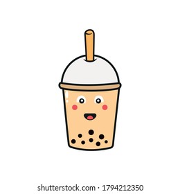 Cartoon bubble tea in glass with straw. Cute hand drawn vector outline illustration.