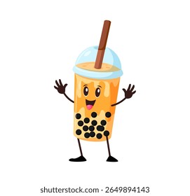 Cartoon bubble tea sweet drink happy character. Fast food sweet drink, takeaway cafe beverage plastic cup with lid and straw cheerful groovy vector personage. Bubble tea isolated funky character
