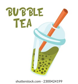 Cartoon bubble tea with tapioca pearls. Taiwanese famous and popular drink cup. Summer refreshing drink. Flat Vector Illustration Isolate 