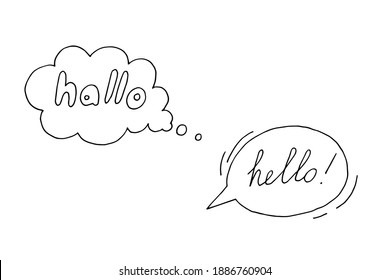 Burbujas de dibujos animados - conjunto de palabras y pensamientos. Burbujas del discurso del doodle dibujadas a mano. La inscripción "¡Hola!" contorno blanco y negro.