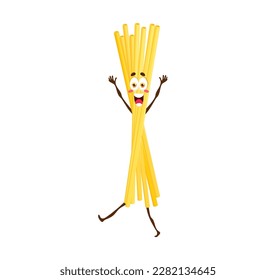 Caricatura de bucatini. Personaje vectorial de macarrones divertido con sonrisa alegre. Deliciosa cocina italiana emoticono kawaii, emoji delicioso para la cena, plato humorístico de fideos de Italia