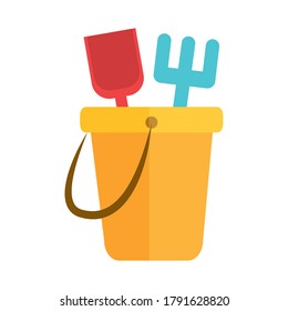 cartoon bucket shovel and rake toy object for small children to play, flat style icon vector illustration