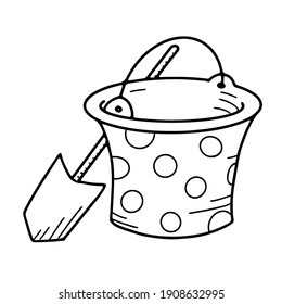 cartoon bucket and shovel toy object for small children to play, doodle style icon vector illustration