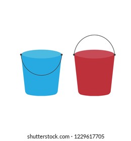 Cartoon buckets. Water pails, metal and plastic bucket. Isolated vector set. Collection of bucket container with water, pailful