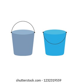 Cartoon buckets. Water pails, metal and plastic bucket. Isolated vector set. Collection of bucket container with water, pailful