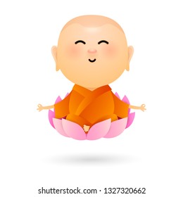 Cartoon Buddha sitting in lotus. Small buddha meditating in pink lotus flower. Can be used for topics like relaxation, yoga, healthy life