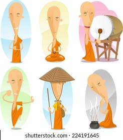 cartoon buddhist monk action set.