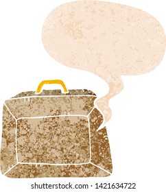 cartoon budget briefcase with speech bubble in grunge distressed retro textured style