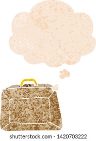 caricatura sobre el presupuesto maletín con burbuja de pensamiento en un estilo retro angustiado y con textura estrafalaria