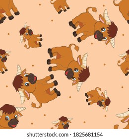 Cartoon Buffalo. Animal Seamless Vector Pattern Design Background