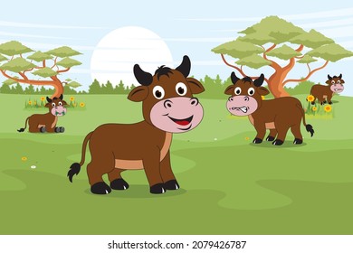 Cartoon Buffalo. Buffalo at the farm. Beautiful scenery in the meadow and herd of buffalo

