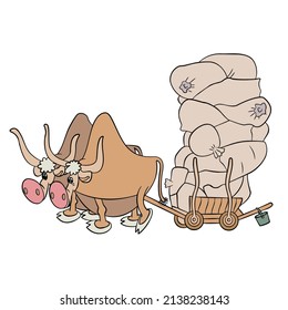 cartoon buffalo pulling a cart loaded with sacks of wheat, drawing, vector, on a white background