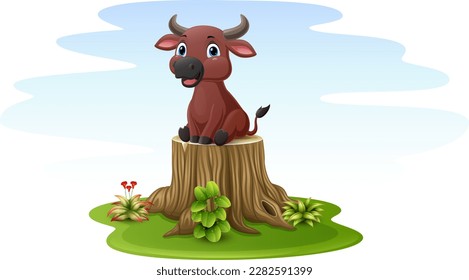Cartoon buffalo sitting on tree stump