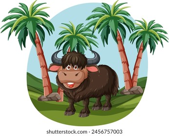 Cartoon buffalo smiling among palm trees.