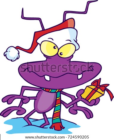 cartoon bug dressed up in a santa hat and scarf holding a present Stock photo © 