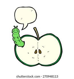 cartoon bug eating apple with speech bubble