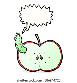 insecto de dibujos animados comiendo manzana con burbuja de habla