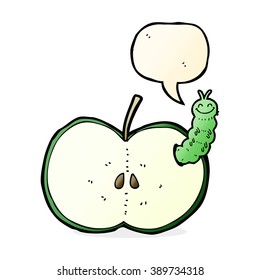 insecto de dibujos animados comiendo manzana con burbuja de habla
