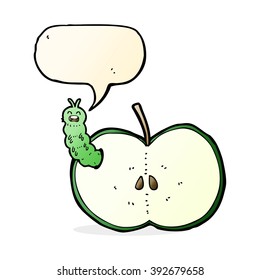 insecto de dibujos animados comiendo manzana con burbuja de habla