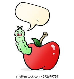 cartoon bug eating apple with speech bubble