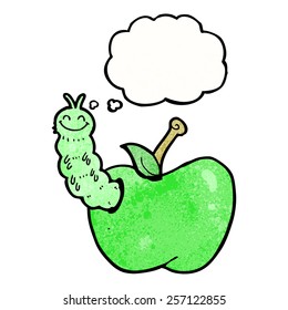 Karikaturenkäfer, der Apfel mit Denkblase isst