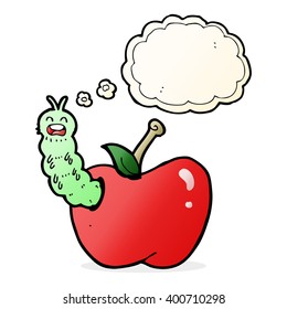 cartoon bug eating apple with thought bubble
