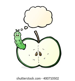 cartoon bug eating apple with thought bubble