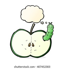 cartoon bug eating apple with thought bubble