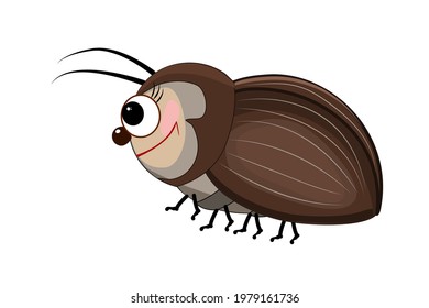 Cartoon bug isolated on white background. Cartoon funny brown beetle. Cute bug icon. Insect character. Friendly beetle mascot. Kawaii of a cute little insect. Stock vector illustration