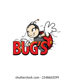 Cartoon bug logo with BUG'S words in front of it. Vector illustration.