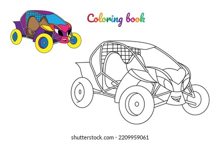 Cartoon buggy car for boys. Small funny vector cute vehicle with eyes and mouth. Comic character for kids on white background. Coloring page for children, color and linear illustration.