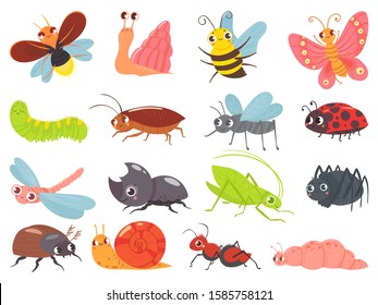 Errores de caricatura. Bebé insecto, chistoso bicho feliz y tierno. Insectos mascotas, diferentes personajes de bichos cálidos, caracol cómico y mariposa. Conjunto de iconos vectoriales aislados