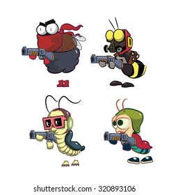 Cartoon Bugs characters with shotgun in vector. Fly, Bee, Cockroach, Ant.