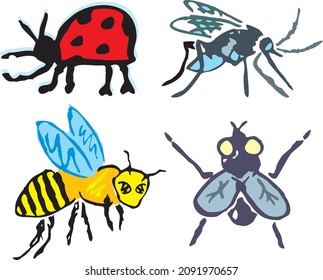 Cartoon Bugs Collection Set Fly Bee Mosquito Lady Bug Animal Biology Nature Fauna Vector Isolated on White