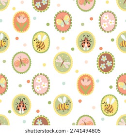 Cartoon bugs seamless pattern in naive childish style. Cute insects in oval shape frames. Butterflies, dragonflies, ladybugs, bees and flowers. White background with dots. Vector pastel colors design.