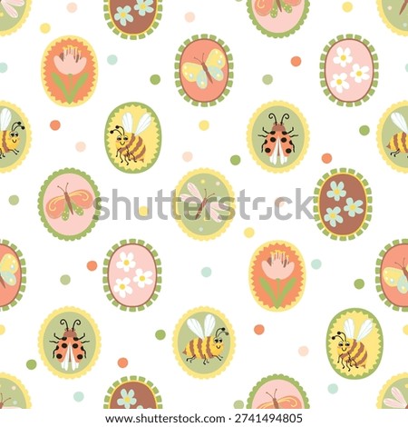 Cartoon bugs seamless pattern in naive childish style. Cute insects in oval shape frames. Butterflies, dragonflies, ladybugs, bees and flowers. White background with dots. Vector pastel colors design.
