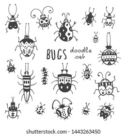 Cartoon bugs set. Different species of beetles.  Funny insects collection. Doodle style. Vector contour image white fill.