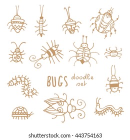 Cartoon bugs set. Different species of beetles.  Funny insects collection. Doodle style. Vector contour image no fill.