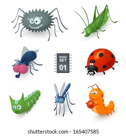 Cartoon bugs set. There are spider, fly, grasshopper, mosquito, two caterpillars and ladybug.