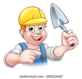 A cartoon builder or bricklayer construction worker holding a masons brick laying trowel hand tool, wearing a hard hat and pointing