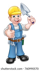 A cartoon builder or bricklayer construction worker holding a masons brick laying trowel hand tool, wearing a hard hat and giving a thumbs up